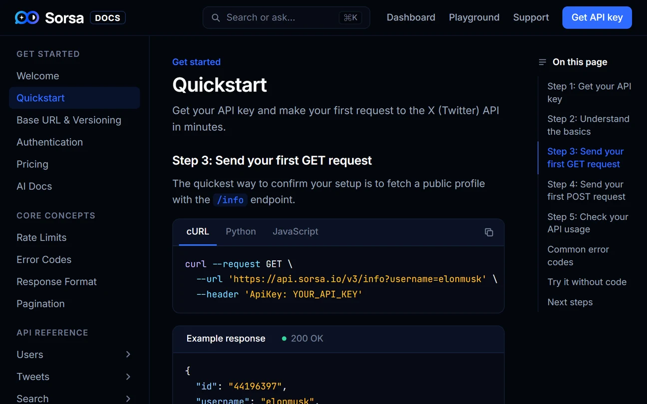 Sorsa API documentation: the Quickstart guide with a cURL request example and JSON response, dark theme