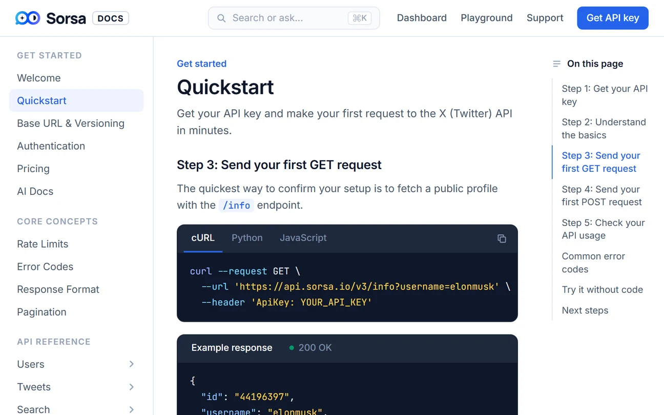 Sorsa API documentation: the Quickstart guide with a cURL request example and JSON response